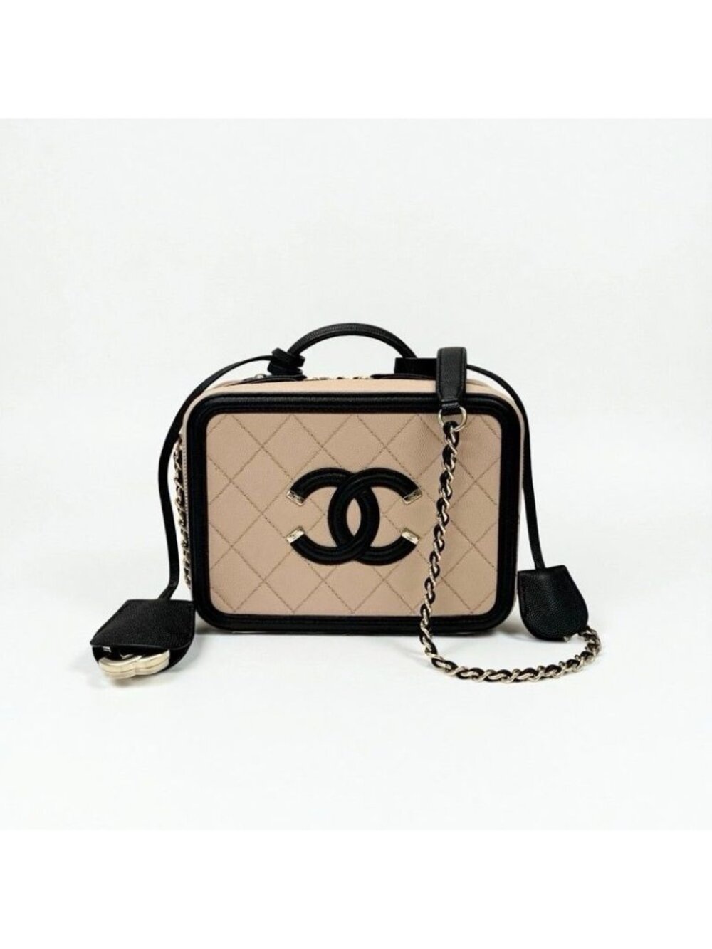 Chanel Bag Shoulder Caviar Leather Beige Black Gold CC Filigree